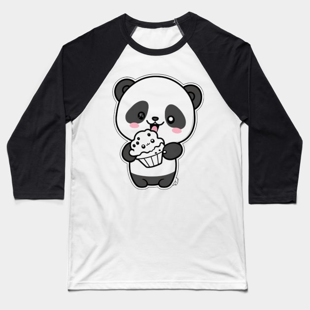 Cute Cartoon Panda Eating Cupcake Funny Kawaii Baseball T-Shirt by kiddo200